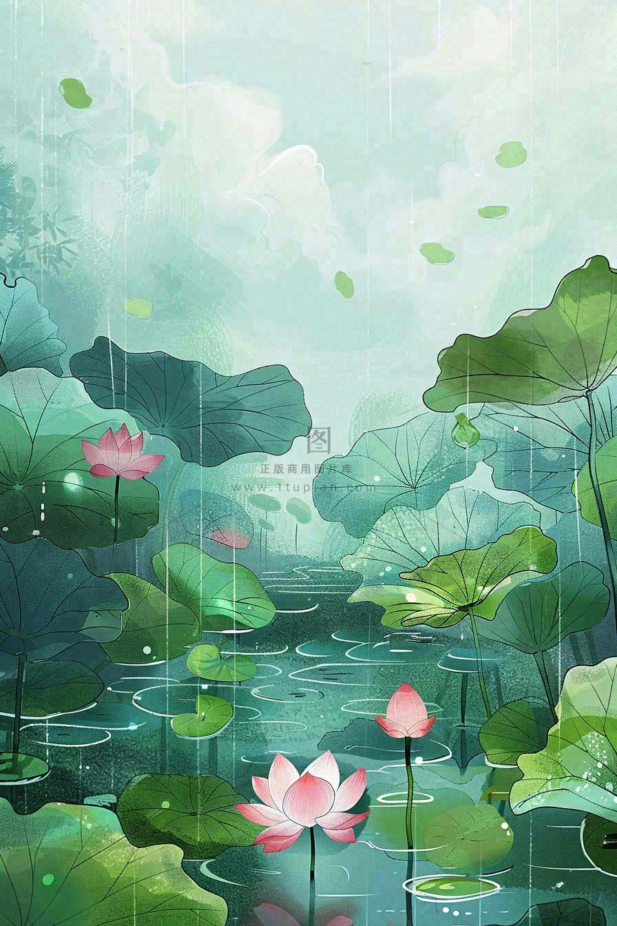 夏天雨季池塘荷花荷叶凄冷大暑处暑插画背景