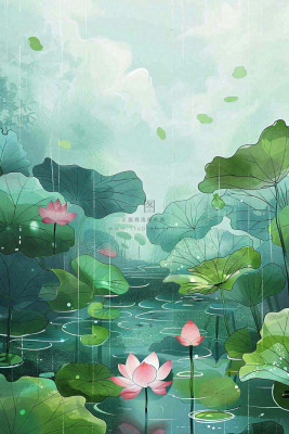 夏天雨季池塘荷花荷叶凄冷大暑处暑插画背景 夏天雨季池塘荷花荷叶凄冷大暑处暑插画背景