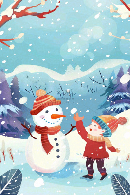 冬天大雪纷飞堆雪人寒冷立冬小雪冬至卡通插画背景