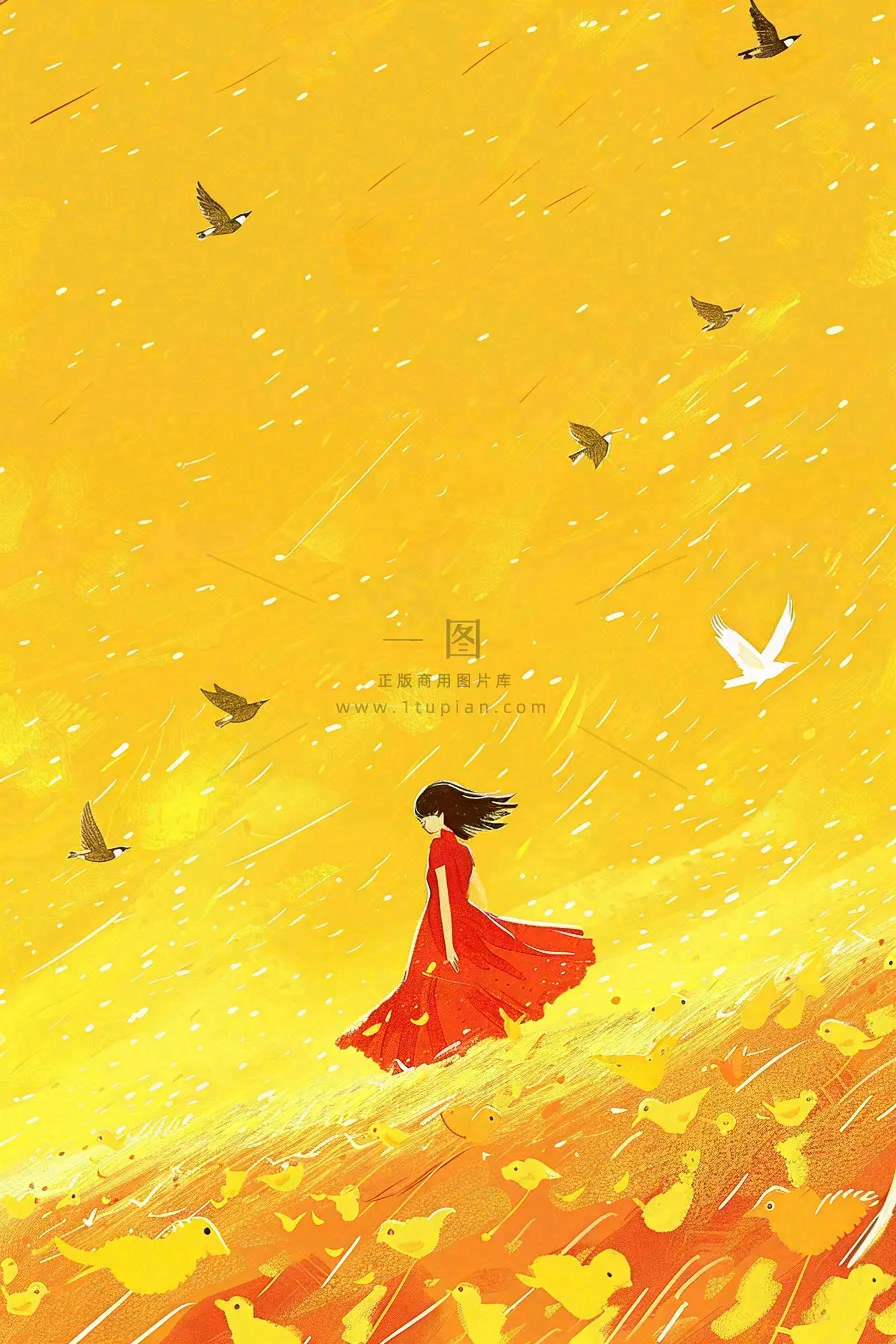 秋天金黄背景花丛红裙子少女白鹭立秋秋分白露插画背景
