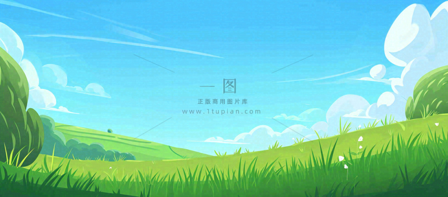 蓝天白云绿植草坪，小草树木清新，春天夏天阳光