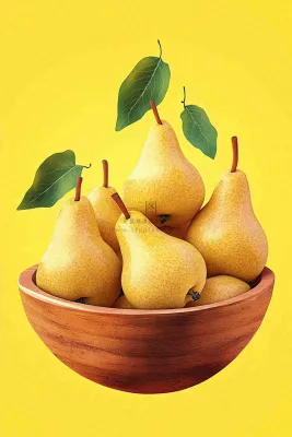 新鲜水果梨子木碗黄色背景摄影图