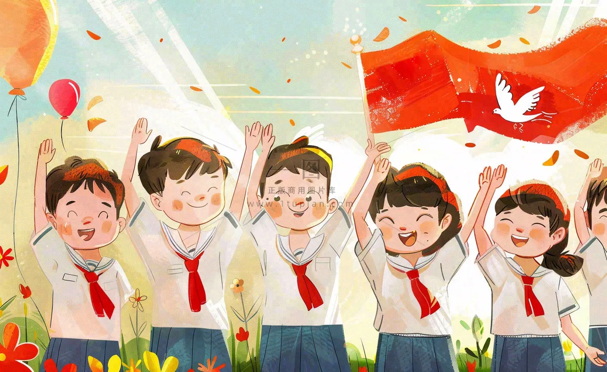 卡通红领巾学生举手旗帜和平鸽班长竞选祖国花朵国庆卡通插画背景
