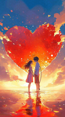 情人节浪漫情人爱心落日蓝天唯美,情侣亲吻爱情,卡通手绘插画 情人节浪漫情人爱心落日蓝天唯美,情侣亲吻爱情,卡通手绘插画