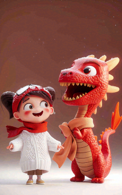 新春节日龙年儿童庆祝喜庆红色小年新年卡通插画背景