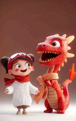 新春节日龙年儿童庆祝喜庆红色小年新年卡通插画背景