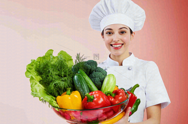 女生厨师抱着蔬菜盆生鲜白色背景摄影图