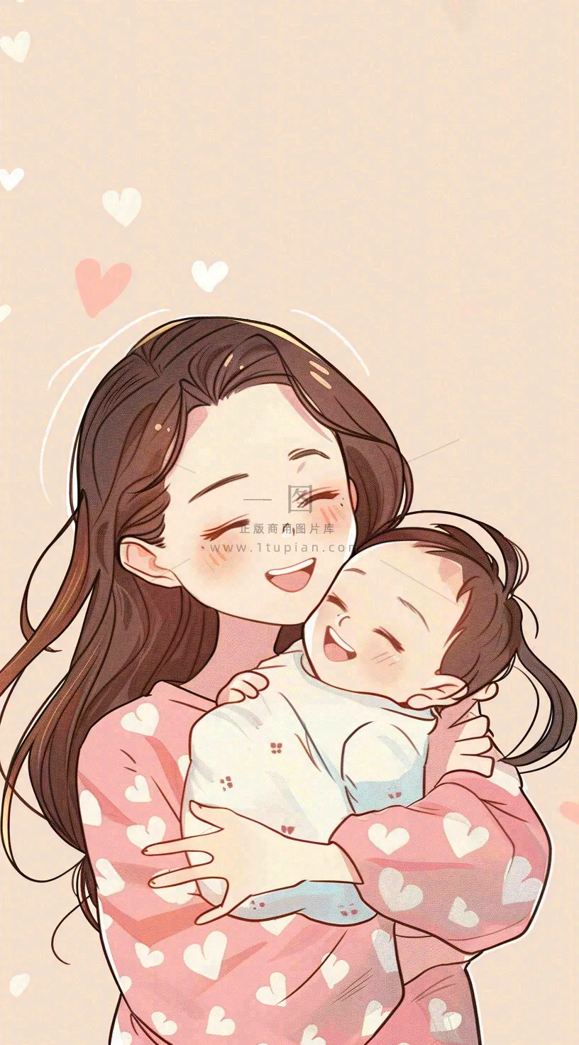 母亲节妈妈亲情抱着孩子鲜花光辉插画背景