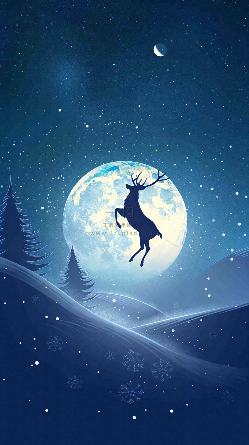 夜晚蓝色星空下的月亮麋鹿跃起平安夜插画背景