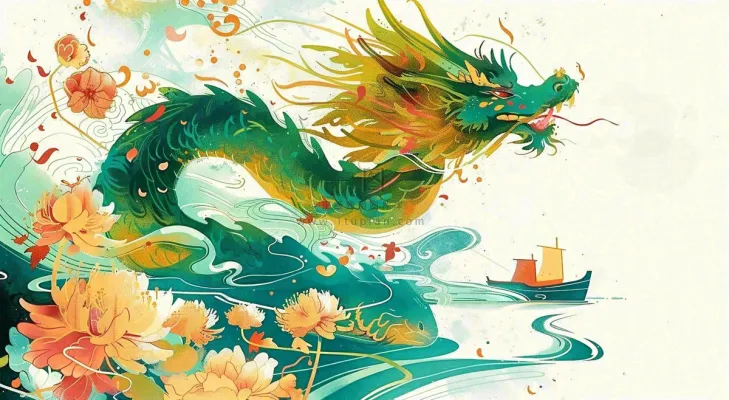 中国龙龙舟绿色创意插画端午节背景 中国龙龙舟绿色创意插画端午节背景