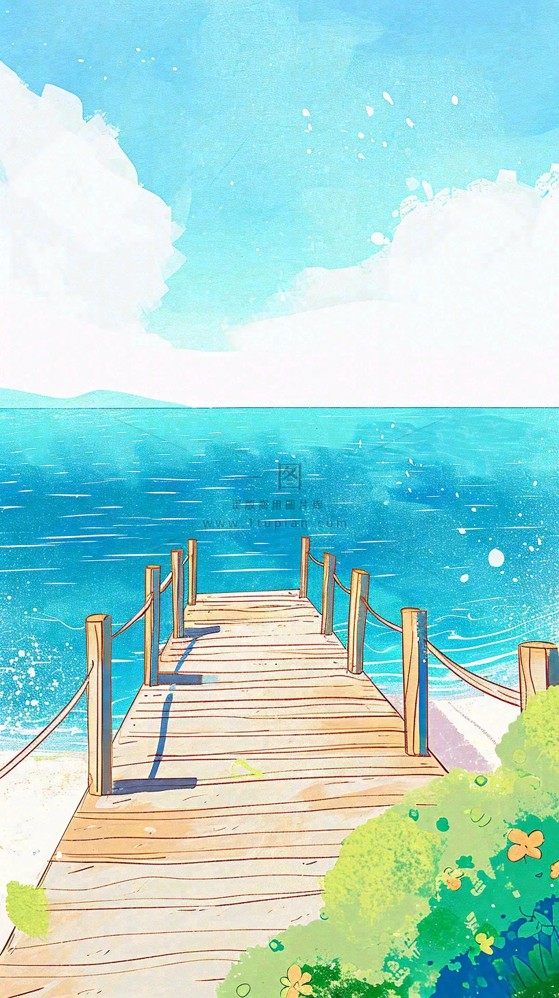 海边沙滩玩耍旅行夏日假期游玩手绘插画，可爱清新，夏至小暑大暑