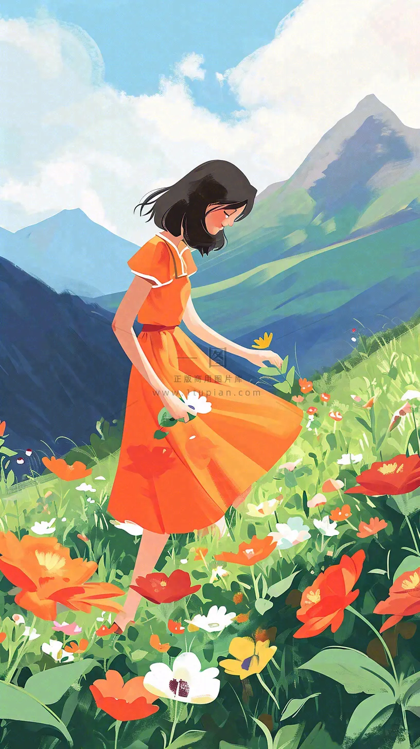 春天山脉草坪花海上穿裙子的女孩油画手绘插画，清新浪漫，踏青春游