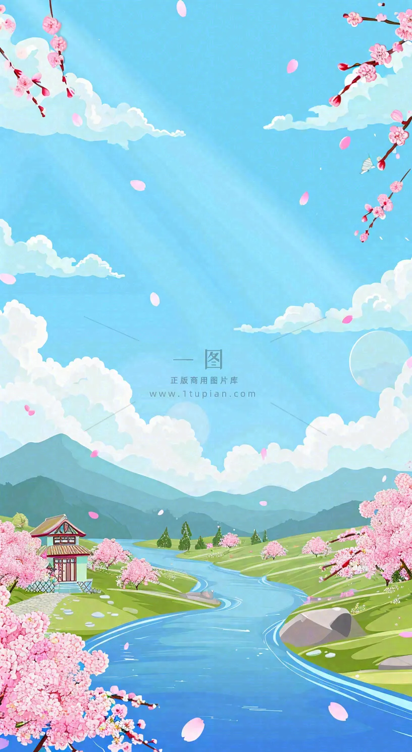 春天浪漫粉色樱花山脉河流蓝天白云清新手绘扁平插画，立春惊蛰