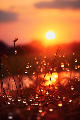 落日枝叶露珠意境晚霞背景