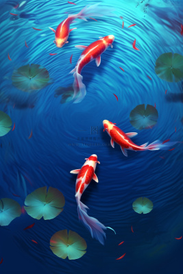 简约蓝色荷叶金鱼节气海报背景