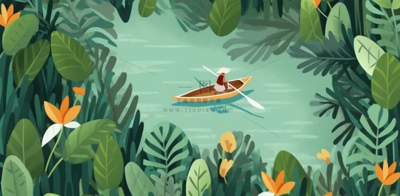 卡通插画湖面植物划船游湖背景 卡通插画湖面植物划船游湖背景