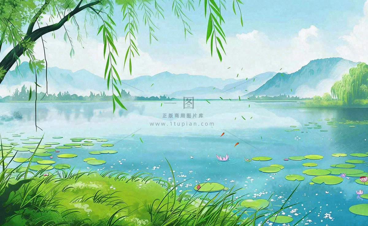 春夏风景湖泊荷花柳树立夏小暑夏至插画背景