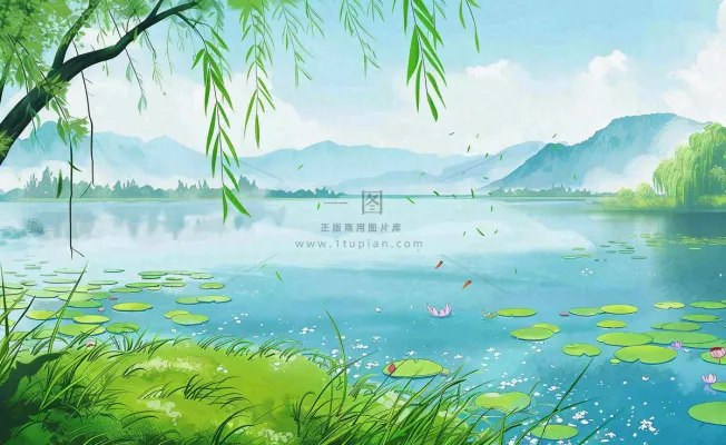 春夏风景湖泊荷花柳树立夏小暑夏至插画背景