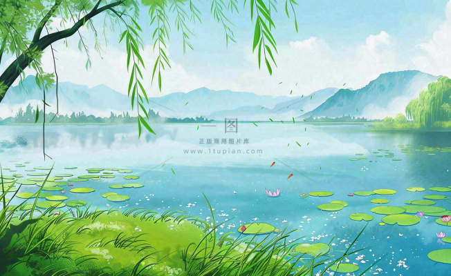春夏风景湖泊荷花柳树立夏小暑夏至插画背景 春夏风景湖泊荷花柳树立夏小暑夏至插画背景