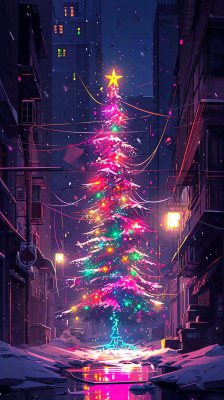 炫酷圣诞彩色缤纷圣诞树节日，夜晚街道建筑，暗黑