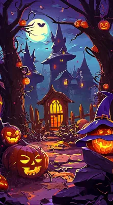 恐怖气氛万圣节南瓜屋子，西方节日卡通