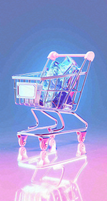 彩色奇幻渐变蓝紫粉色购物车手推车3D