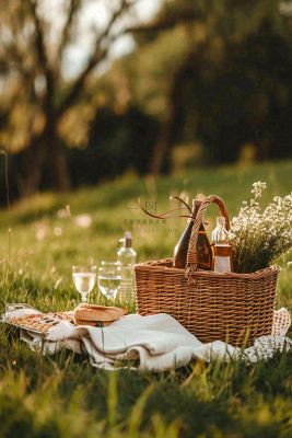 春天户外草坪野餐篮子露营食物酒面包摄影 春天户外草坪野餐篮子露营食物酒面包摄影