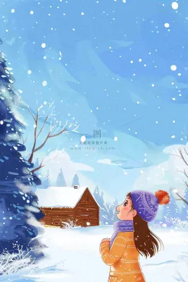 冬天白雪森林小木屋女孩赏雪风景帽子手套立冬冬至小雪大雪唯美卡通插画背景 冬天白雪森林小木屋女孩赏雪风景帽子手套立冬冬至小雪大雪唯美卡通插画背景