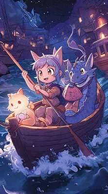 创意卡通古风河面人物游船,夜晚龙灯笼光照,海浪水面 创意卡通古风河面人物游船,夜晚龙灯笼光照,海浪水面