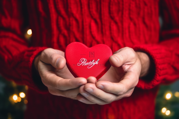 男孩手捧红色爱心礼盒摄影图