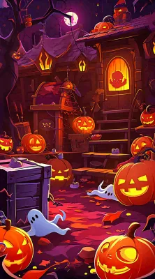 恐怖气氛万圣节南瓜屋子，西方节日卡通