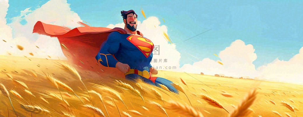 秋天麦田里的超人爸爸,父亲节父爱温馨,陪伴孩子插画 秋天麦田里的超人爸爸,父亲节父爱温馨,陪伴孩子插画