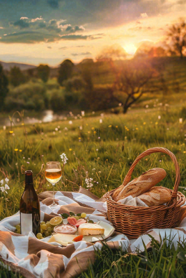 下午茶草坪野餐红酒夕阳浪漫春分唯美摄影图