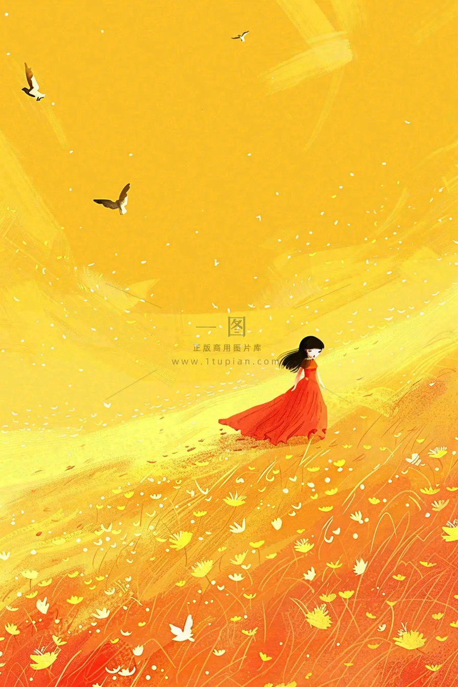 秋天金黄背景花丛红裙子少女白鹭立秋秋分白露插画背景