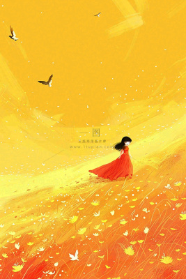 秋天金黄背景花丛红裙子少女白鹭立秋秋分白露插画背景 秋天金黄背景花丛红裙子少女白鹭立秋秋分白露插画背景