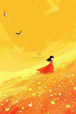 秋天金黄背景花丛红裙子少女白鹭立秋秋分白露插画背景 秋天金黄背景花丛红裙子少女白鹭立秋秋分白露插画背景