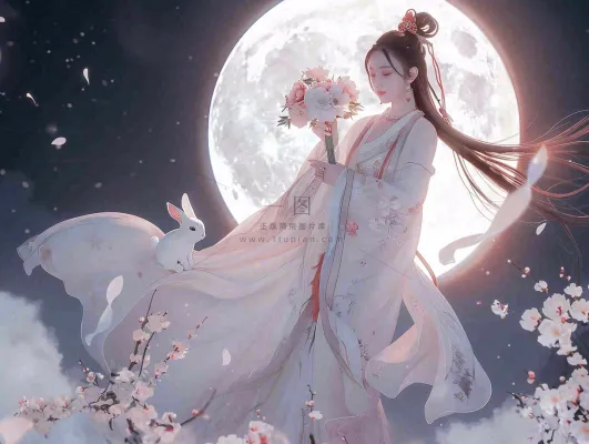 中秋节嫦娥玉兔月下嫦娥插图卡通唯美手绘古风插画背景