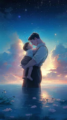 父爱父亲节海边落日温馨爱意浪漫插画