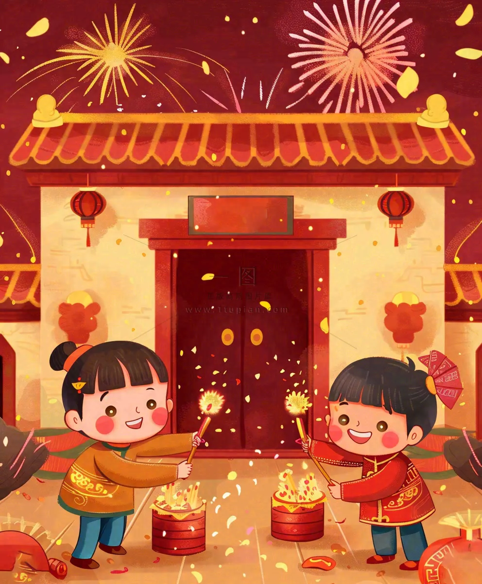 新年热闹儿童在家门口放烟花春节喜庆庆祝春节小年除夕夜元宵节卡通插画背景