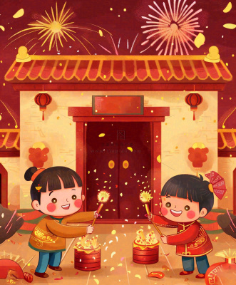 新年热闹儿童在家门口放烟花春节喜庆庆祝春节小年除夕夜元宵节卡通插画背景 新年热闹儿童在家门口放烟花春节喜庆庆祝春节小年除夕夜元宵节卡通插画背景
