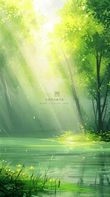夏日森林丛林阳光绿色河面草丛树木手绘插画，夏至小暑大暑