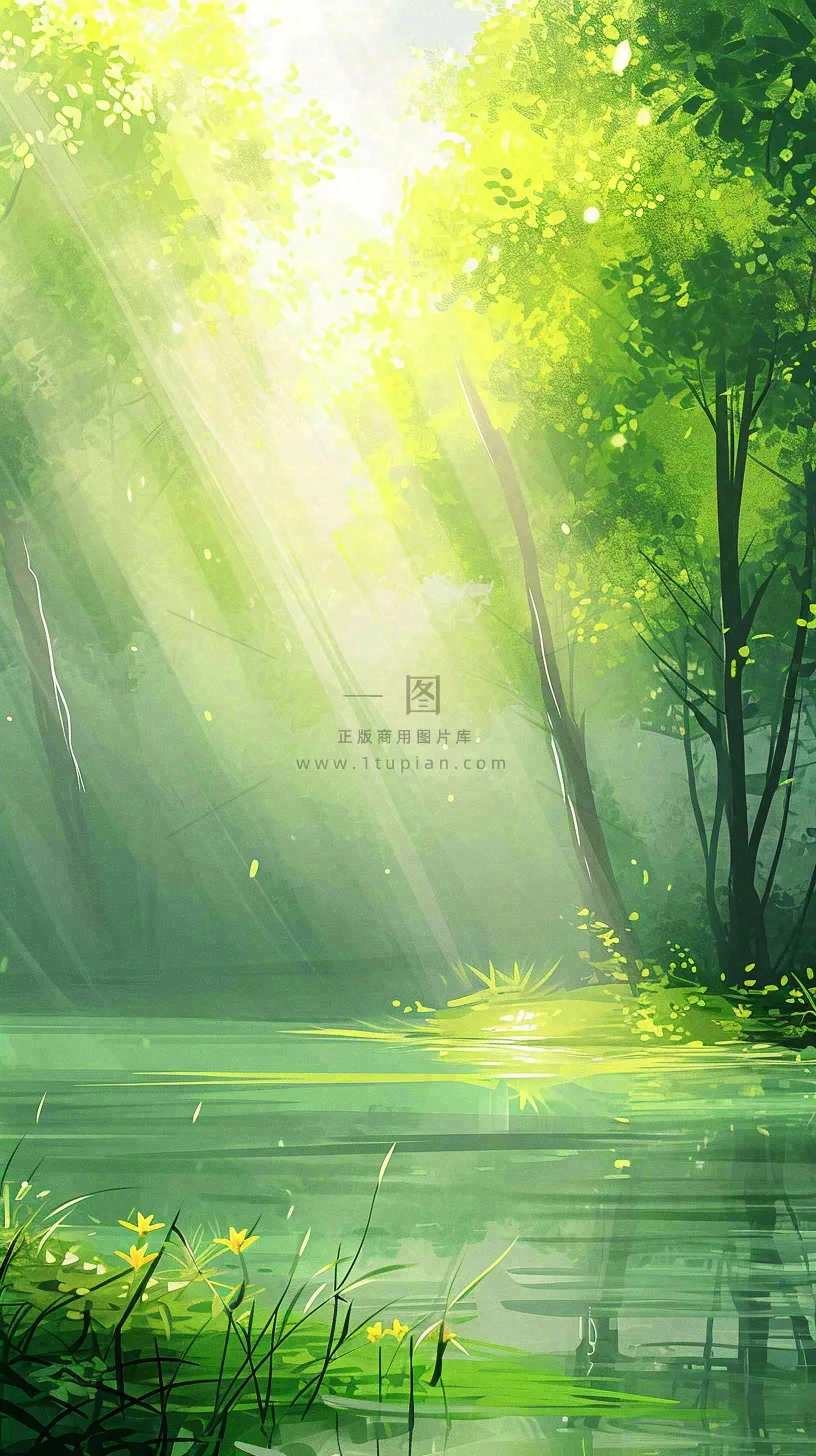 夏日森林丛林阳光绿色河面草丛树木手绘插画,夏至小暑大暑