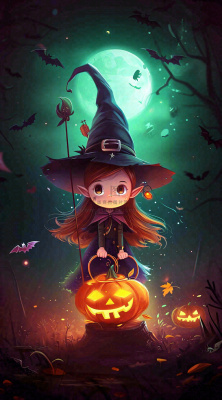 万圣节夜晚黑色南瓜恐怖卡通小鬼手绘插画