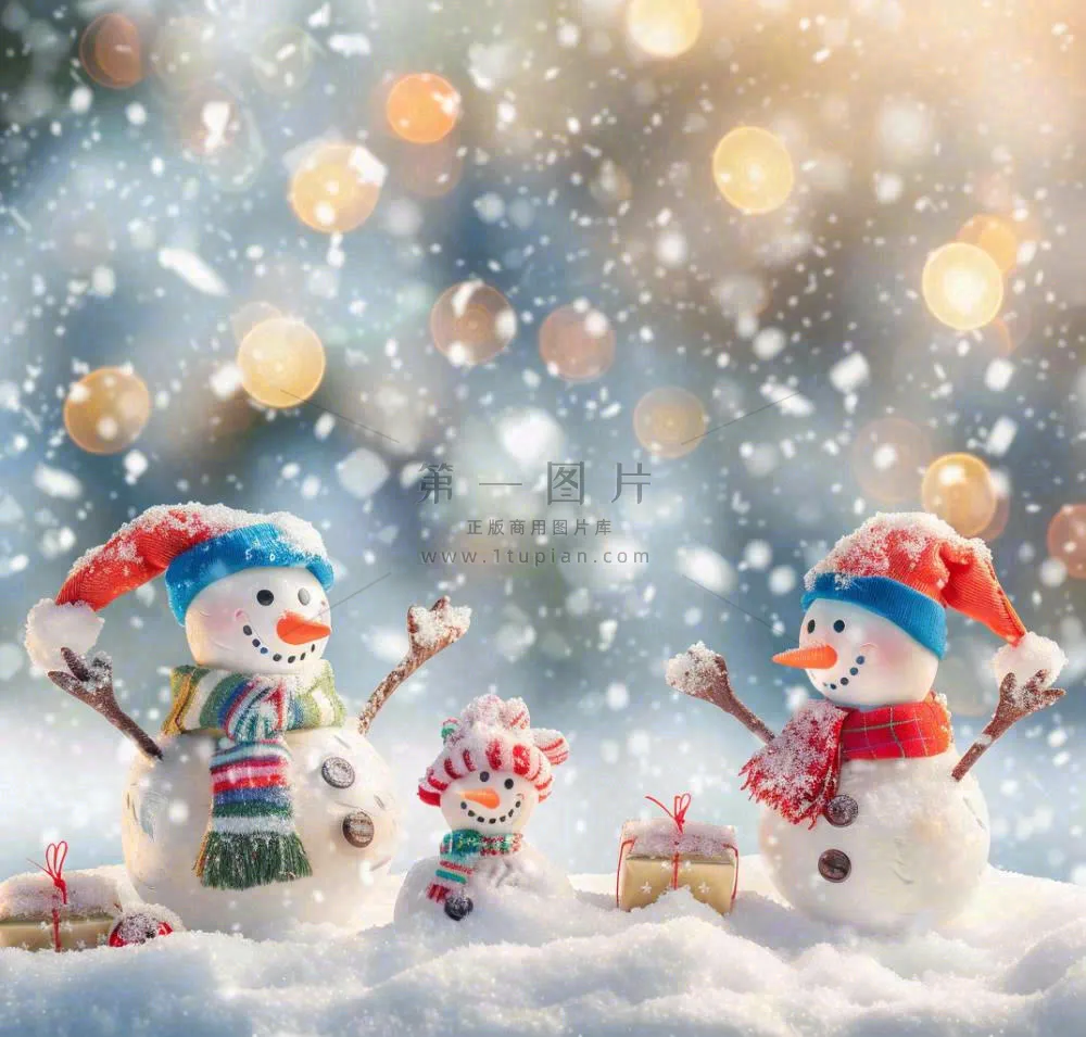 冬天雪地堆雪人唯美光圈温馨雪花飘零立冬冬至小雪大雪圣诞摄影图