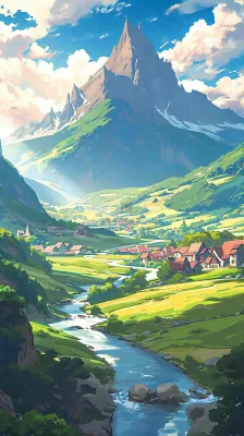 阳光春天细长流水山脉村庄小屋草坪，春分，旅行露营