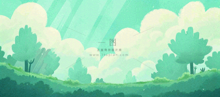 春天绿色插画手绘森林草地，白云阳光