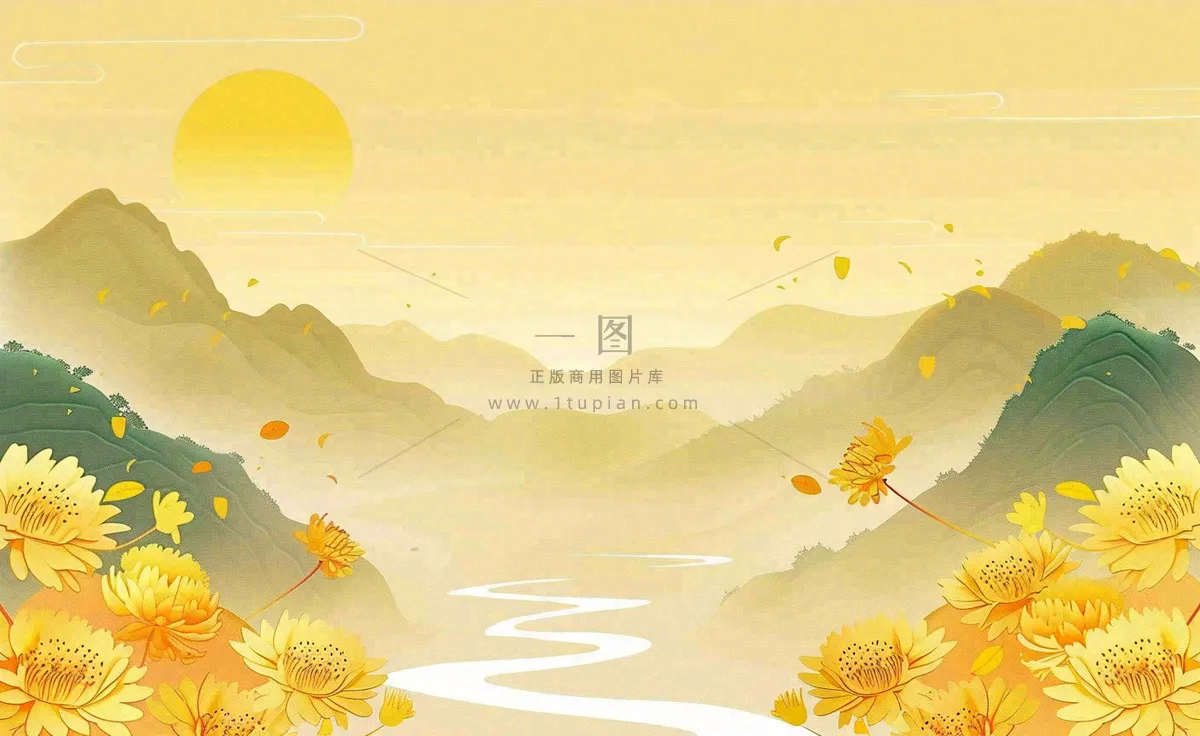 金秋菊花山水国潮插画中秋重阳立秋秋分插画背景