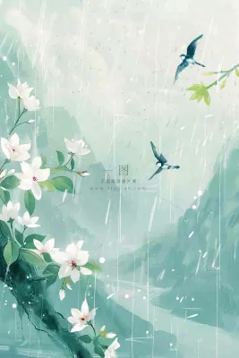春天梅雨季山间燕子白花花朵雨水谷雨惊蛰寒露水墨插画背景