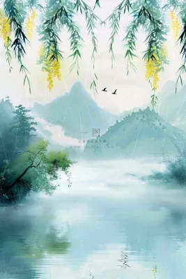 春天雨水水墨山水柳树柳枝燕子黄花盛开清明端午插画背景 春天雨水水墨山水柳树柳枝燕子黄花盛开清明端午插画背景