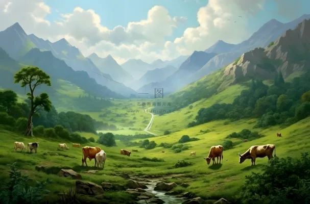 一群奶牛和山羊在山上的绿色草地上插画背景